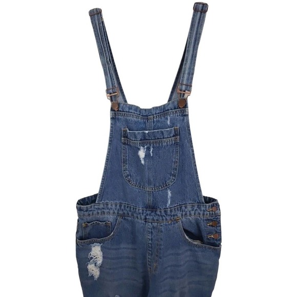 Forever 21 ~Woman Size 27 (4)~ Blue Denim Jeans Bib Overalls Cotton, Distressed. - Picture 6 of 11